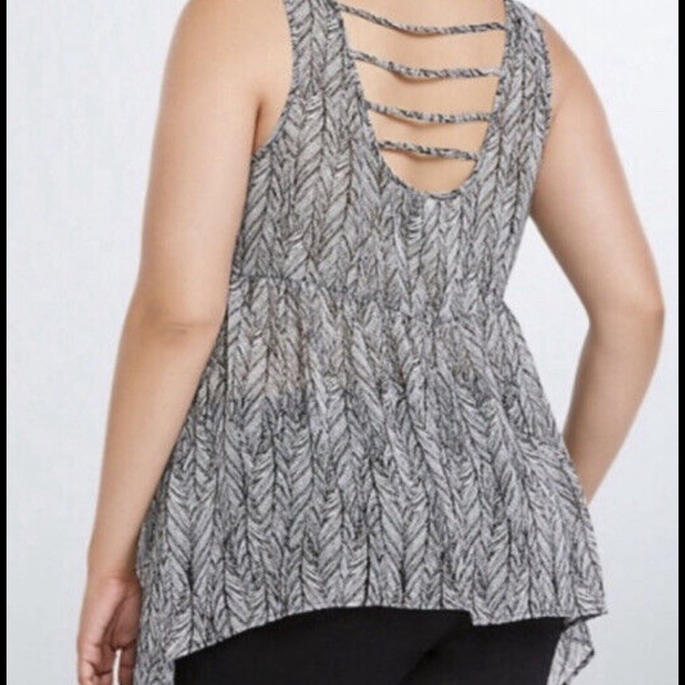Torrid 2 black and white feathered, shark bite tank top sheer back straps